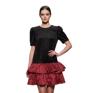 Vtg 80's BREAKIN' LOOSE Black Velvet Dress Red RUFFLE Satin Tiered Skirt  5/6 S